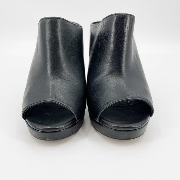 Black Leather Platform Mule Peep Toe Patent Block Heels - Picture 5 of 9
